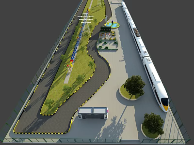 High speed Train Platform Area with Green Landscaping Road Trees and Facilities 3d model