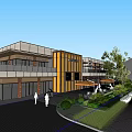 Modern Commercial Building Exterior Landscape With Glass Facade Greenery And Trees