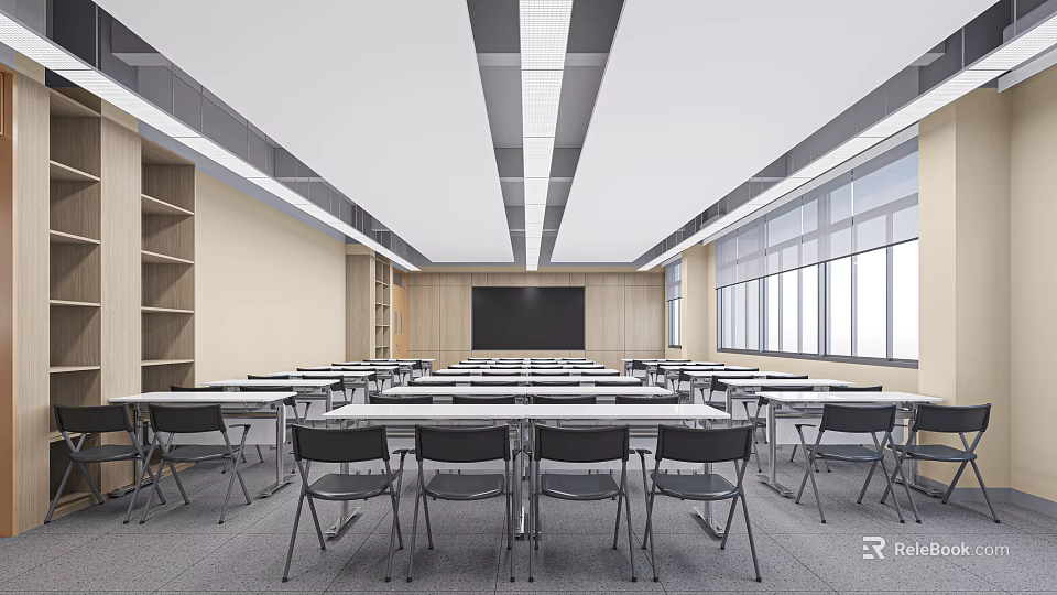 Bright Modern School Classroom With Desks Chairs And Blackboard 3d model