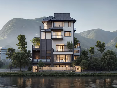 Modern Chinese Style Detached Villa With Mountain And Waterfront Views 3d model