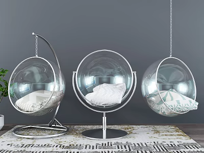 Three Transparent Spherical Hanging Chairs With White Cushions On Gray Wall Background 3d model