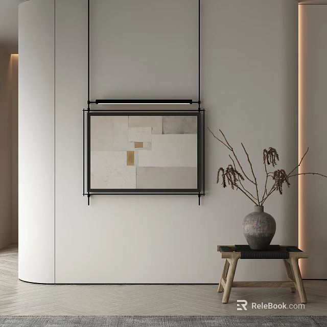 Modern Interior Wall Art with Geometric Pattern and Vase on Wooden Stool 3d model 