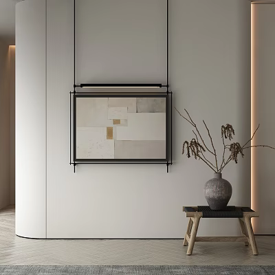 Modern Interior Wall Art with Geometric Pattern and Vase on Wooden Stool 3d model