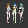 Anime Female Characters In Bikini With Different Hair Colors And Standing Poses On Dark Background