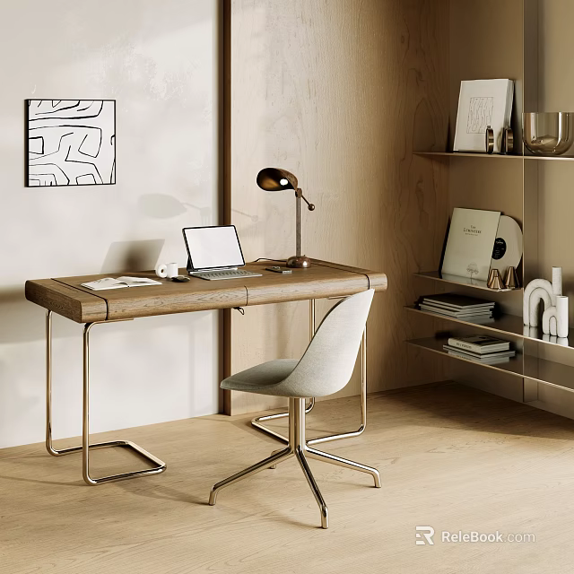 Modern Home Office Setup With Wooden Desk Comfortable Chair And Laptop 3d model 