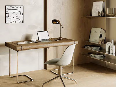 Modern Home Office Setup With Wooden Desk Comfortable Chair And Laptop 3d model