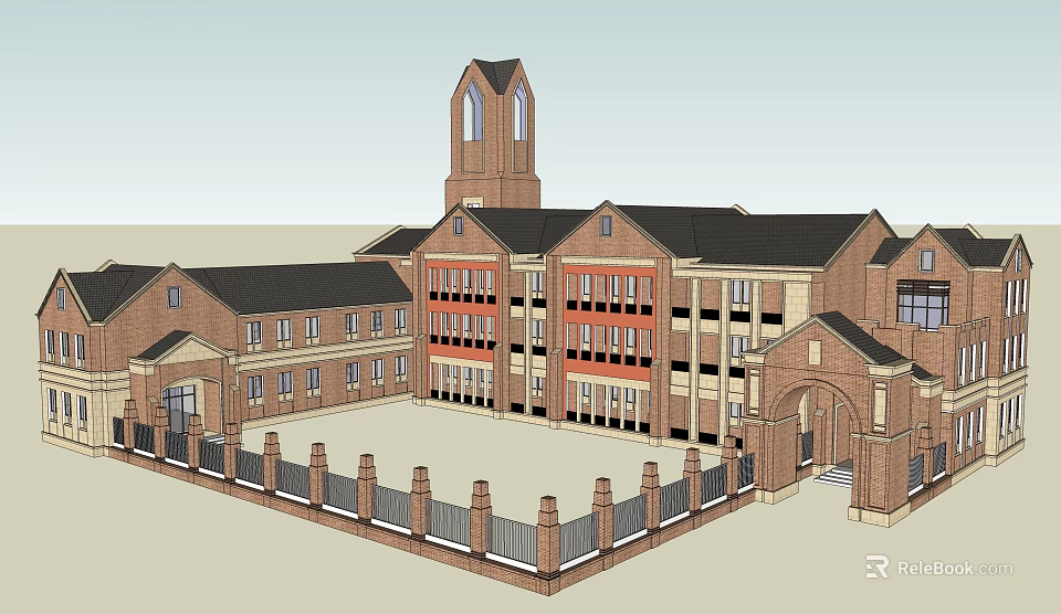 Red Brick Multi Story Building With Tower Courtyard And Arched Entrance Windows 3d model 