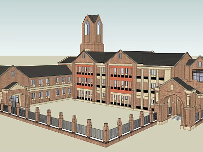 Red Brick Multi Story Building With Tower Courtyard And Arched Entrance Windows 3d model