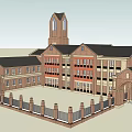 Red Brick Multi Story Building With Tower Courtyard And Arched Entrance Windows