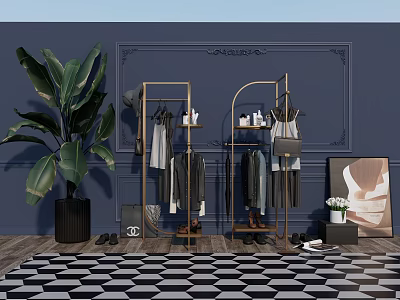 Golden Coat Racks With Hanging Clothes Bags And Green Plant In Modern Decorative Wall Room 3d model