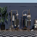Golden Coat Racks With Hanging Clothes Bags And Green Plant In Modern Decorative Wall Room