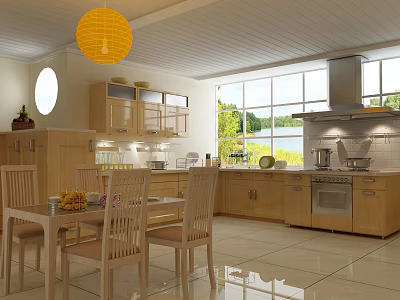 Modern Restaurant Interior With Yellow Pendant Light Open Kitchen Wooden Cabinets And Large Windows 3d model