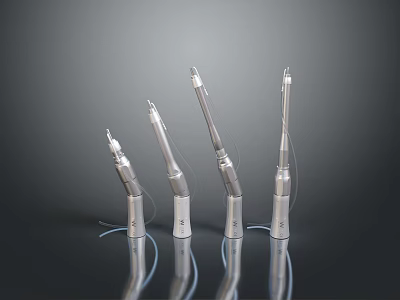 Silver Dental Handpieces In Various Sizes With Connected Wires On Dark Background 3d model