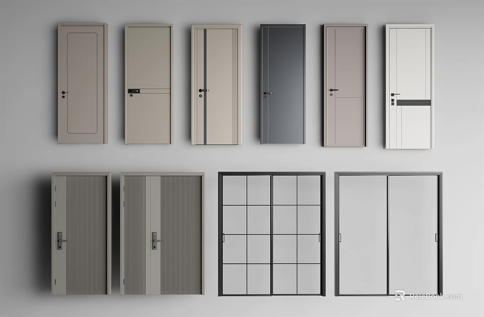 Various Modern Hinged Doors With Different Colors And Panel Styles For Home Interior 3d model