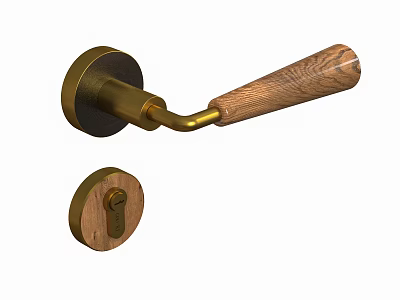 Brass And Wooden Door Handle With Round Base Curved Wood Grain Grip And Lock Plate 3d model