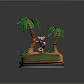 Adventurous Character Standing On Tropical Island With Palm Trees Green Water And Silver Base
