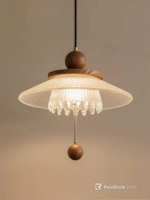 Modern Wooden Pendant Light with Pleated Glass Shade and Decorative Crystal Drops for Interior Decoration 3d model 