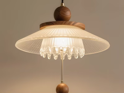 Modern Wooden Pendant Light with Pleated Glass Shade and Decorative Crystal Drops for Interior Decoration 3d model