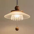 Modern Wooden Pendant Light with Pleated Glass Shade and Decorative Crystal Drops for Interior Decoration