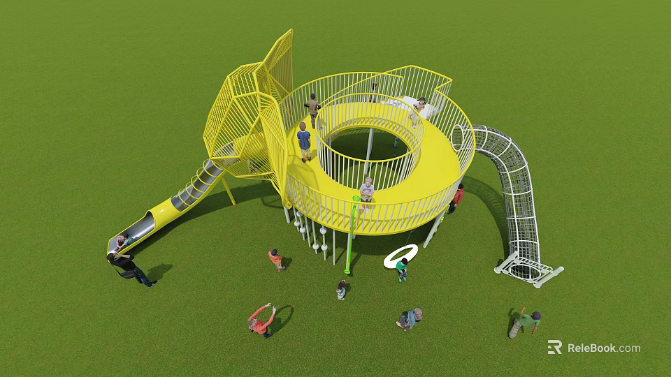 Yellow Outdoor Playground Equipment With Spiral Slide And Climbing Net For Kids Playing 3d model 