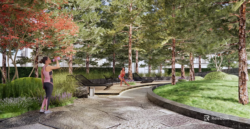Residential Landscape Featuring People Enjoying Outdoor Red Green Trees Lawn Wooden Pathway And Lounge Chairs 3d model 