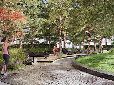 Residential Landscape Featuring People Enjoying Outdoor Red Green Trees Lawn Wooden Pathway And Lounge Chairs 3d model