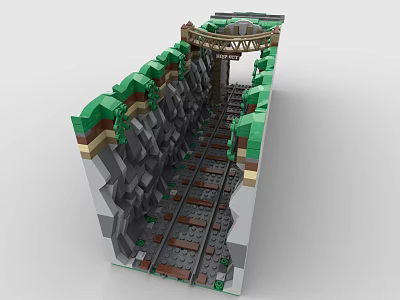 Building Blocks Model Featuring Railway Track Through Rocky Canyon With Green Foliage And Bridge 3d model