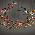 Decorative Circular Chandelier With Gold Red Green Leaf Shaped Elements Hanging Structure 3d model