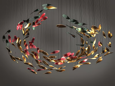 Decorative Circular Chandelier With Gold Red Green Leaf Shaped Elements Hanging Structure 3d model