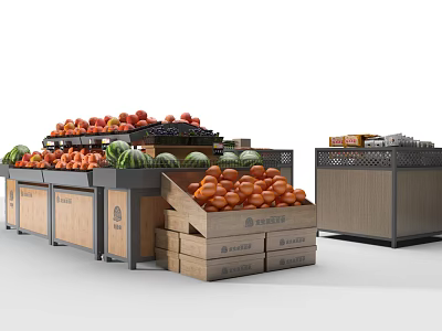 Display Shelves for Fresh Fruits with Wooden Crates and Various Produce 3d model
