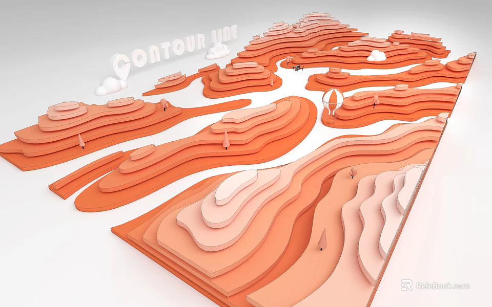 3D Contour Map Model With Layered Orange Terrain And White Clouds 3d model 