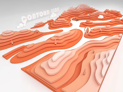 3D Contour Map Model With Layered Orange Terrain And White Clouds 3d model