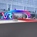 VR Themed Entrance At Xian International Expo Glass Building With Visitors