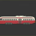 Vintage Red And White Tram With Antenna Multiple Windows And Reflective Surface