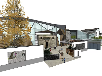 Modern Museum Architecture With Geometric Glass Design Traditional Stone Walls Yellow Trees And Pedestrians 3d model