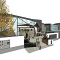 Modern Museum Architecture With Geometric Glass Design Traditional Stone Walls Yellow Trees And Pedestrians