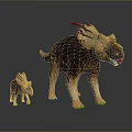Adult and Juvenile Dinosaur Models in Brown and Beige Standing on Dark Reflective Surface