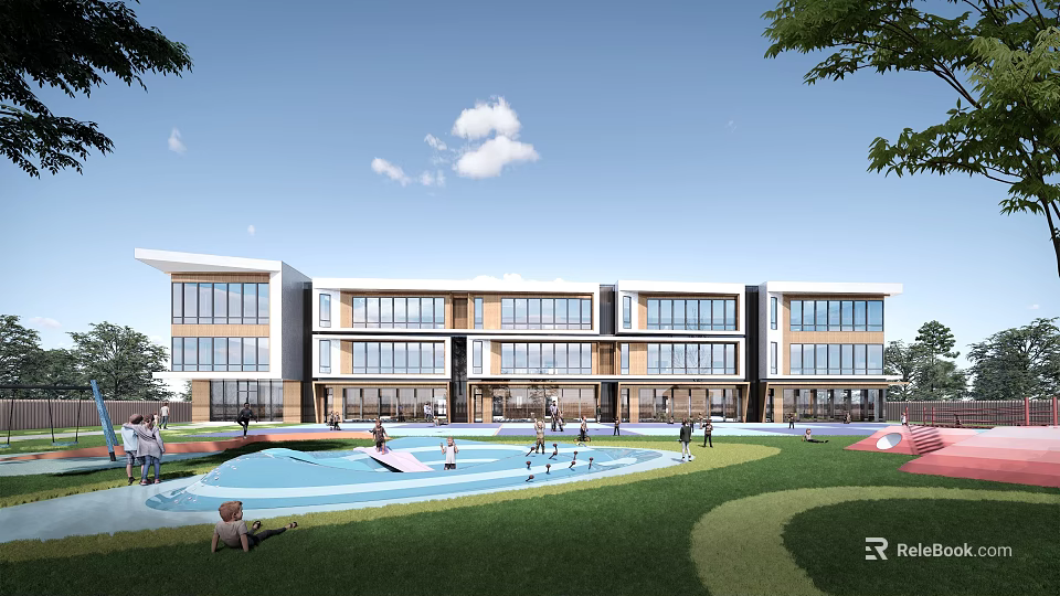 Modern Multi storey School Building With Large Glass Windows And Front Playground Green Lawn 3d model 