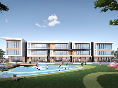 Modern Multi storey School Building With Large Glass Windows And Front Playground Green Lawn 3d model