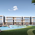 Modern Multi storey School Building With Large Glass Windows And Front Playground Green Lawn