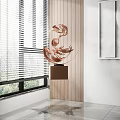 Copper Flowing Sculpture in Modern White Indoor Space with Window Blinds and Wooden Wall Panel