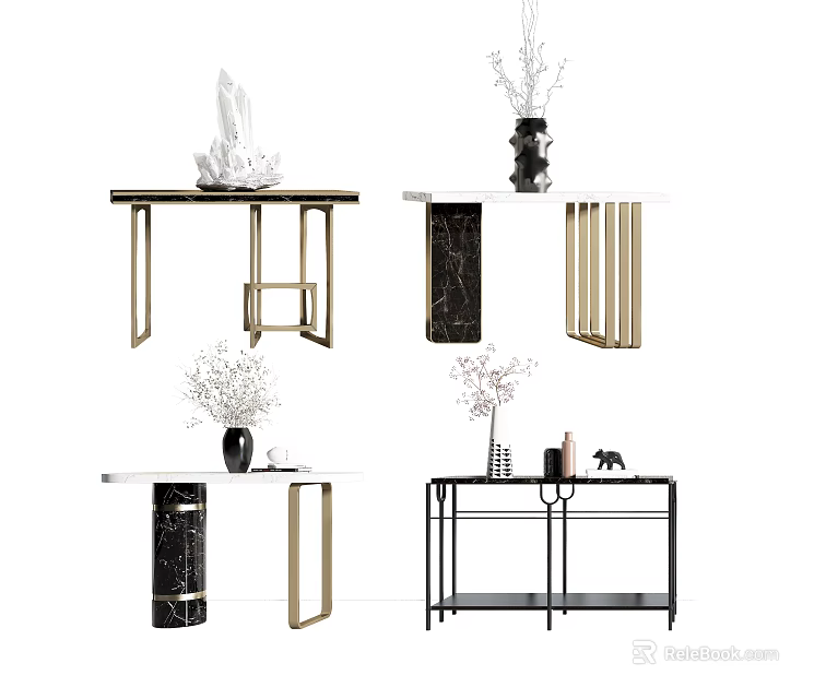 Modern Console Table Designs With Metal Frames Marble Tops And Decorative Vases 3d model