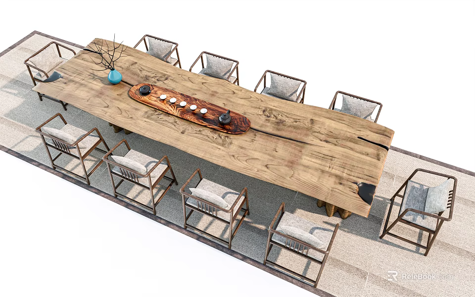 Rustic Wooden Tea Table With Cushioned Chairs And Tea Set Vase 3d model