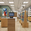 Eyewear Store Interior With Wooden Display Cabinets And Glass Counter Sunglasses Collection