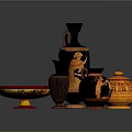 Ancient Greek Pottery Collection With Black Red Figural Designs And Vases Bowls Jars