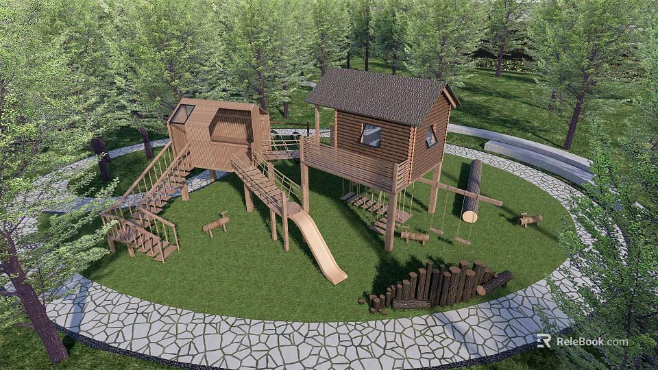 Wooden Kids Play Area With Cabin Slide Stairs On Green Grass Surrounded By Trees 3d model 