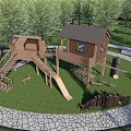Wooden Kids Play Area With Cabin Slide Stairs On Green Grass Surrounded By Trees