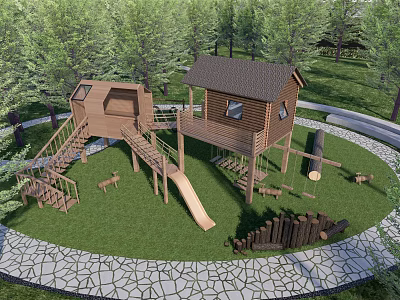 Wooden Kids Play Area With Cabin Slide Stairs On Green Grass Surrounded By Trees 3d model