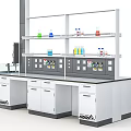 Modern Laboratory Setup With Lab Bench Shelves Colorful Bottles And Cabinets