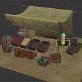 Outdoor Market Stall With Canopy Roof Wooden Barrels Crates Colored Goods And Lamp Post